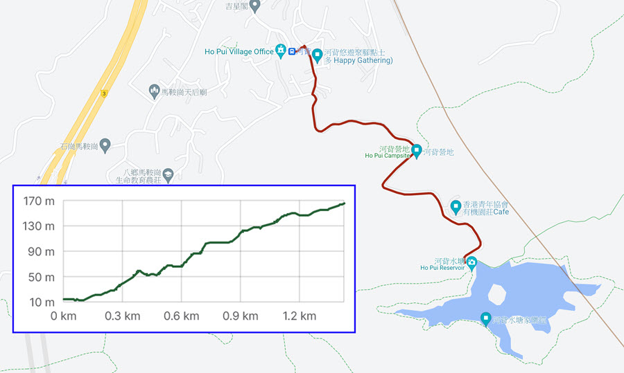 八鄉河背村步行往河背水塘路線地圖