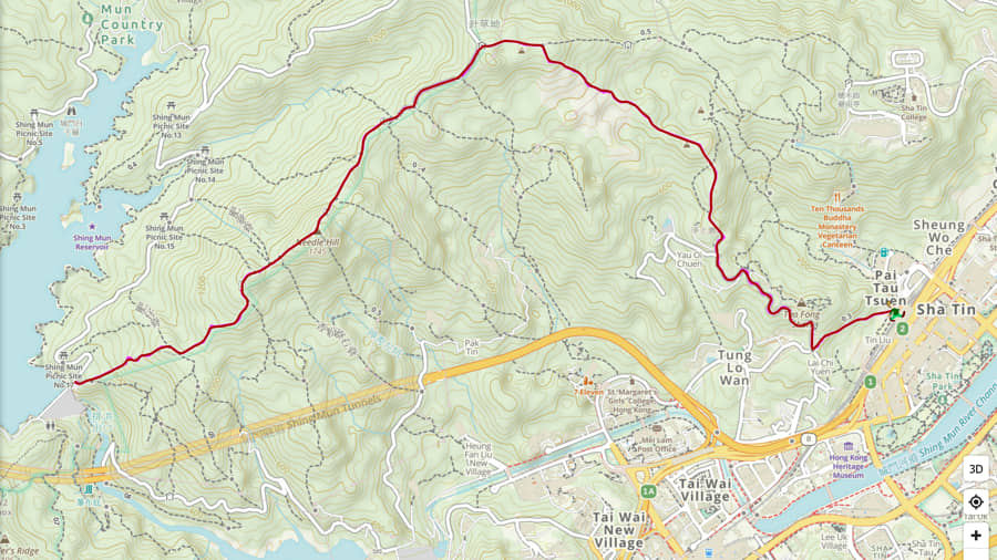 從城門水塘攀越針山頂峰到沙田路線地圖