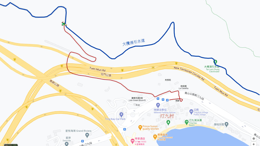 汀九村步行上大欖涌引水道路線地圖