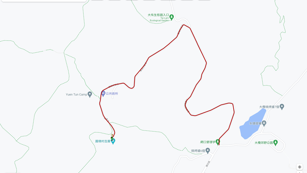 大欖郊野公園入口步行到圓墩村古屋路線圖