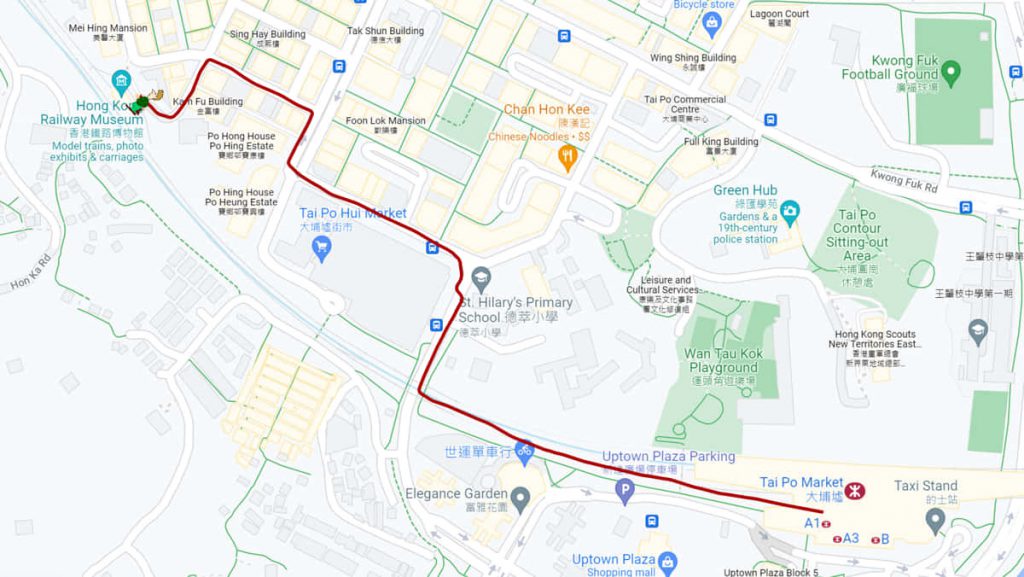 大埔墟站步行往香港鐵路博物館路線地圖