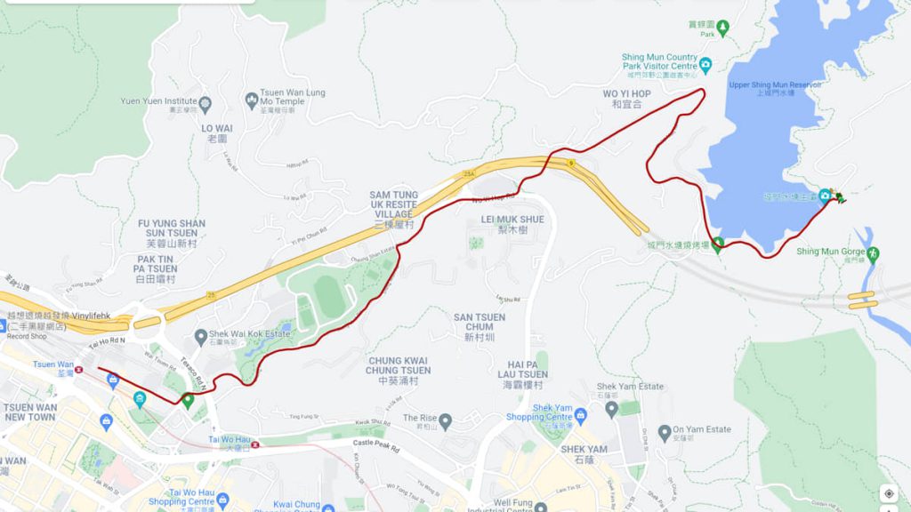 荃灣步行往城門水塘主壩針山登山口路線地圖